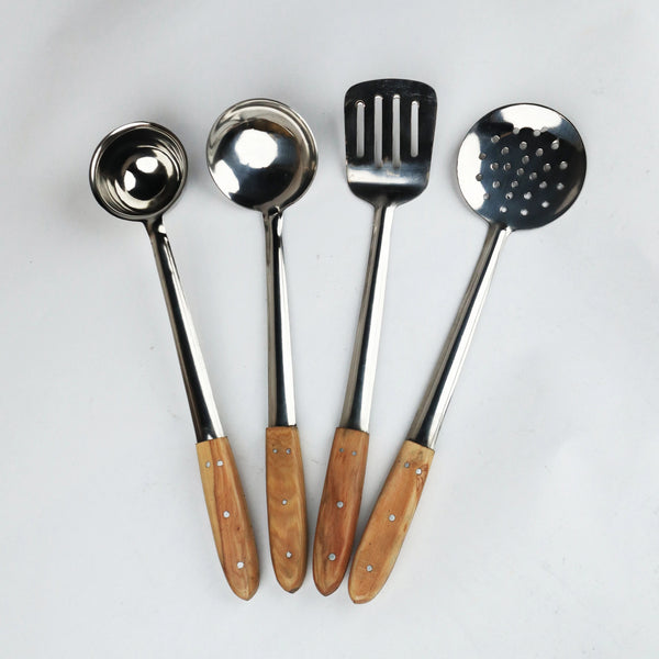 4 Pieces Pure Stainless Steel Cooking and Serving Spoon with Wood Handle