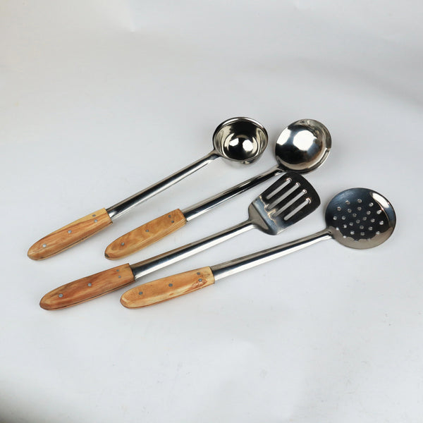 4 Pieces Pure Stainless Steel Cooking and Serving Spoon with Wood Handle
