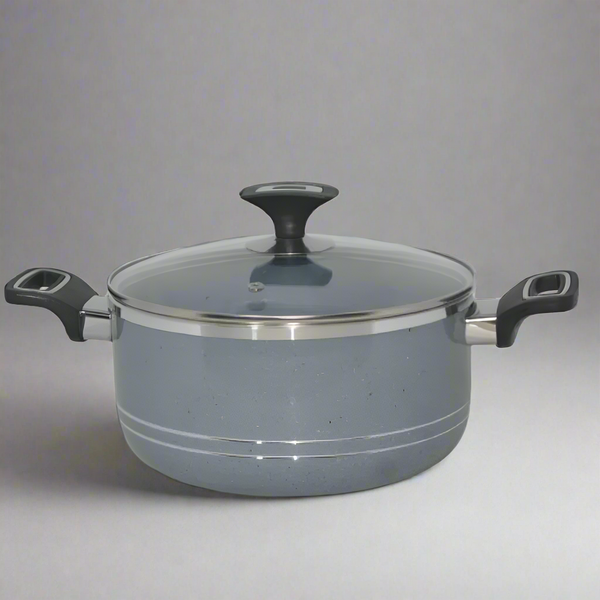 Non Stick Marble Coated 4Egde Casserole (Begona/Degchi) with Glass Lid - Grey
