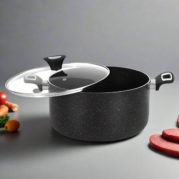 Non Stick Marble Coated Casserole (Begona/Degchi) with Glass Lid - Black