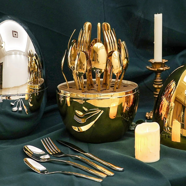 24 Pieces Imported Golden Finish Stainless Steel Cutlery Set with Egg-Shaped Golden Cutlery Organizer for Storage