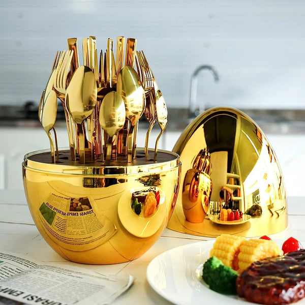 24 Pieces Imported Golden Finish Stainless Steel Cutlery Set with Egg-Shaped Golden Cutlery Organizer for Storage