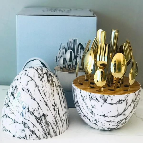 24 Pieces Imported Golden Finish Stainless Steel Cutlery Set with Egg-Shaped White Cutlery Organizer for Storage