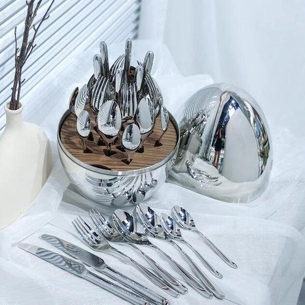 24 Pieces Imported Mirror Polish Stainless Steel Cutlery Set with Egg-Shaped Cutlery Organizer for Storage