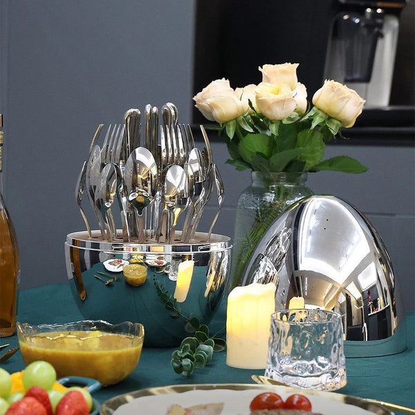24 Pieces Imported Mirror Polish Stainless Steel Cutlery Set with Egg-Shaped Cutlery Organizer for Storage