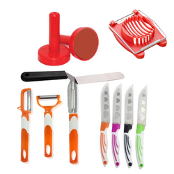 Pack of 11 Pieces Kitchen Utility Set - Kabab Maker, Egg Slicer, Fruit Cutting Knifes, Peele & Turner