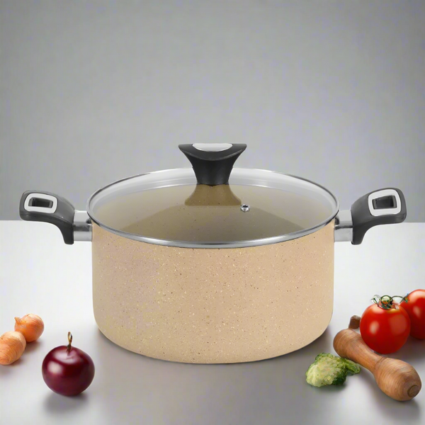 Non Stick Marble Coated Casserole (Begona/Degchi) with Glass Lid - Beige