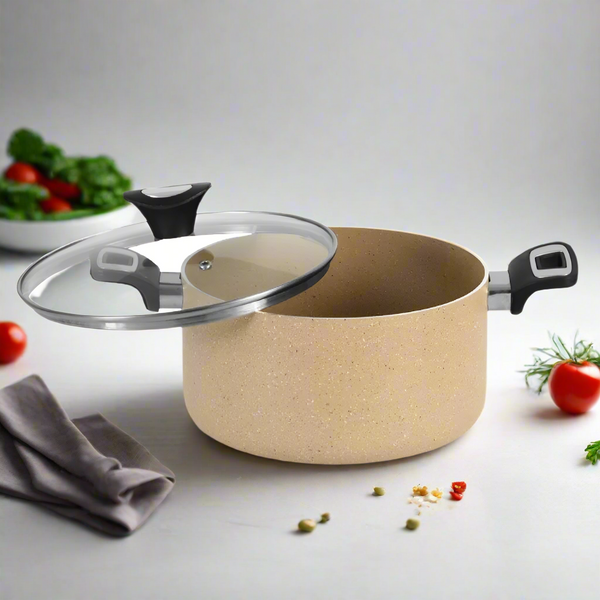 Non Stick Marble Coated Casserole (Begona/Degchi) with Glass Lid - Beige