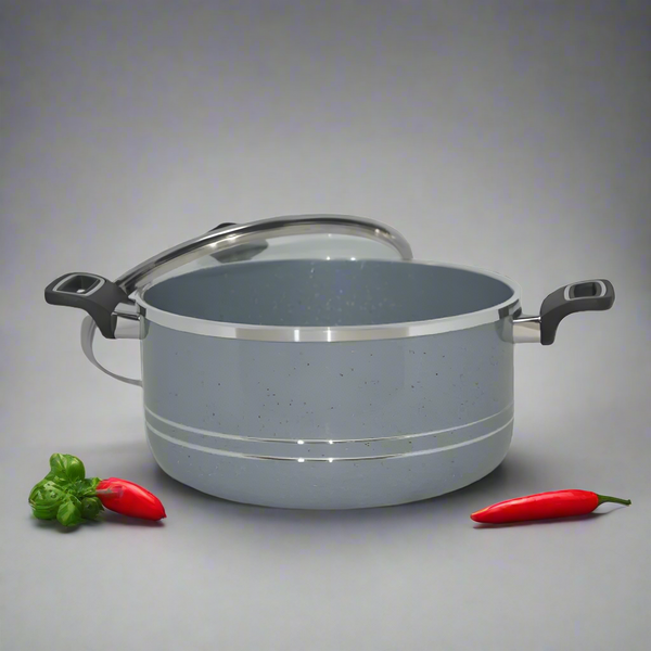 Non Stick Marble Coated 4Egde Casserole (Begona/Degchi) with Glass Lid - Grey