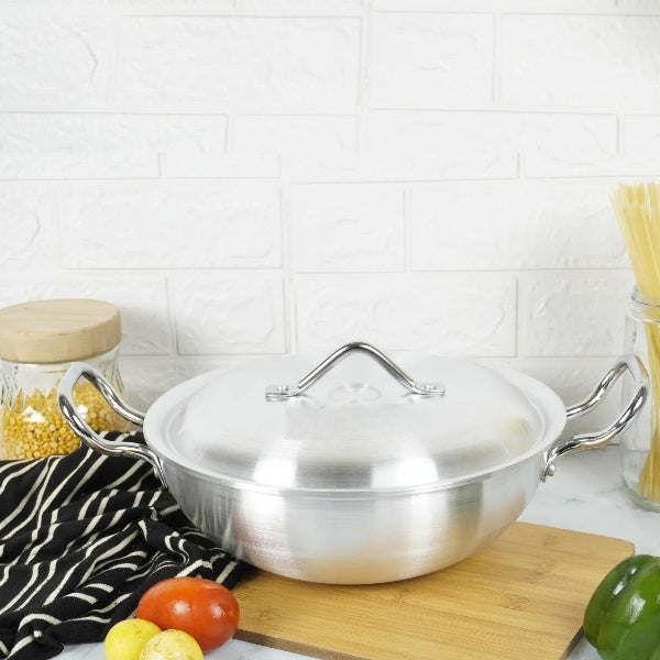 Heavy Gauge Aluminum Metal Finish Wok/Karahi with Fixed Knob – The Ultimate Cooking Essential for Every Kitchen