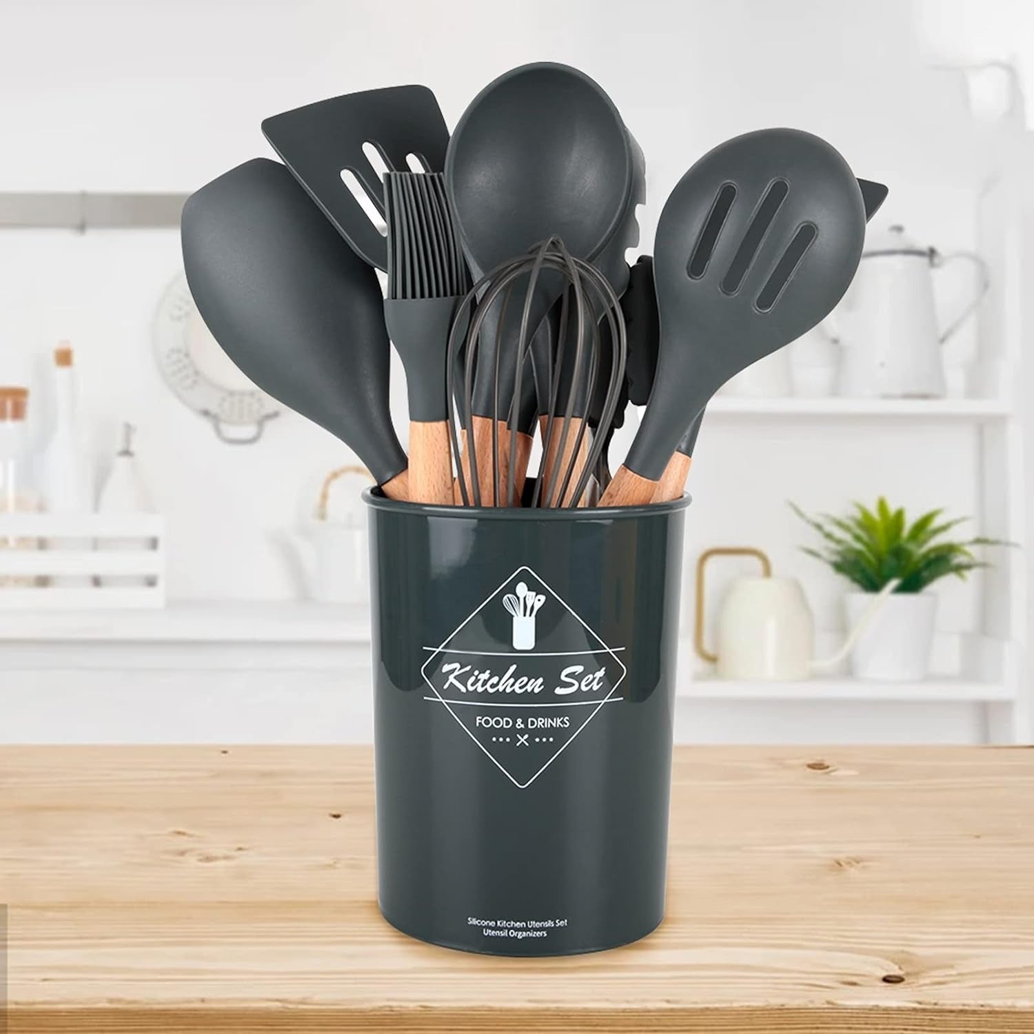 Premium Quality 11 Pieces Kitchen Utensil Set Cooking Utensils Tool Set with Plastic Utensil Holder, Non-stick Silicone and Heat Resistant Wooden Utensils – Imported