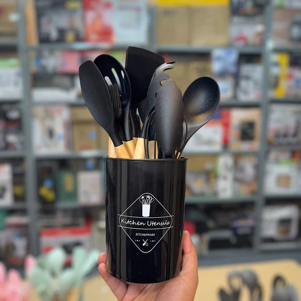 Premium Quality 11 Pieces Kitchen Utensil Set Cooking Utensils Tool Set with Plastic Utensil Holder, Non-stick Silicone and Heat Resistant Wooden Utensils – Imported