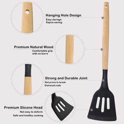 Premium Quality 11 Pieces Kitchen Utensil Set Cooking Utensils Tool Set with Plastic Utensil Holder, Non-stick Silicone and Heat Resistant Wooden Utensils – Imported
