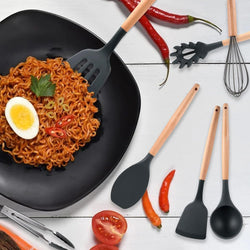 Premium Quality 11 Pieces Kitchen Utensil Set Cooking Utensils Tool Set with Plastic Utensil Holder, Non-stick Silicone and Heat Resistant Wooden Utensils – Imported