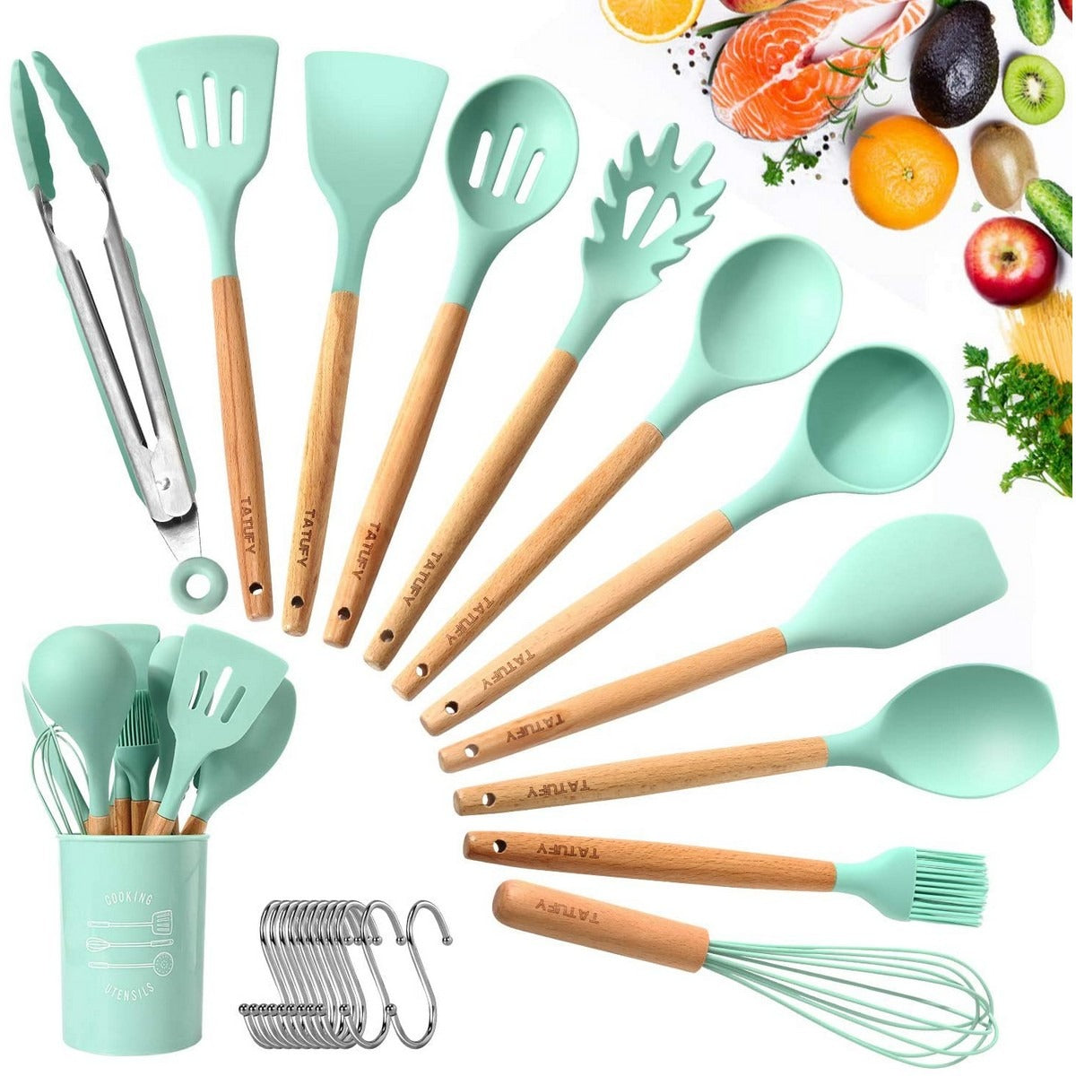 Premium Quality 11 Pieces Kitchen Utensil Set Cooking Utensils Tool Set with Plastic Utensil Holder, Non-stick Silicone and Heat Resistant Wooden Utensils – Imported