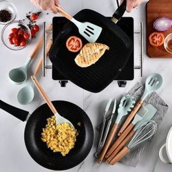 Premium Quality 11 Pieces Kitchen Utensil Set Cooking Utensils Tool Set with Plastic Utensil Holder, Non-stick Silicone and Heat Resistant Wooden Utensils – Imported