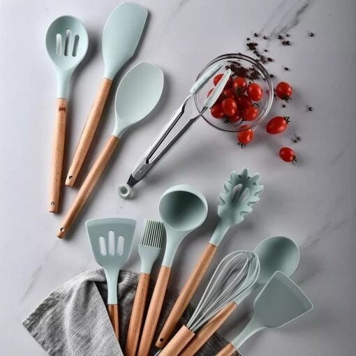 Premium Quality 11 Pieces Kitchen Utensil Set Cooking Utensils Tool Set with Plastic Utensil Holder, Non-stick Silicone and Heat Resistant Wooden Utensils – Imported