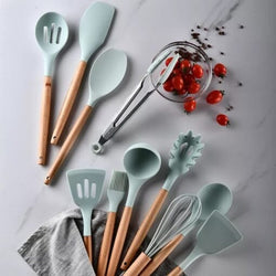 Premium Quality 11 Pieces Kitchen Utensil Set Cooking Utensils Tool Set with Plastic Utensil Holder, Non-stick Silicone and Heat Resistant Wooden Utensils – Imported