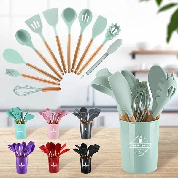 Premium Quality 11 Pieces Kitchen Utensil Set Cooking Utensils Tool Set with Plastic Utensil Holder, Non-stick Silicone and Heat Resistant Wooden Utensils – Imported