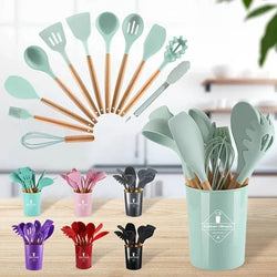 Premium Quality 11 Pieces Kitchen Utensil Set Cooking Utensils Tool Set with Plastic Utensil Holder, Non-stick Silicone and Heat Resistant Wooden Utensils – Imported