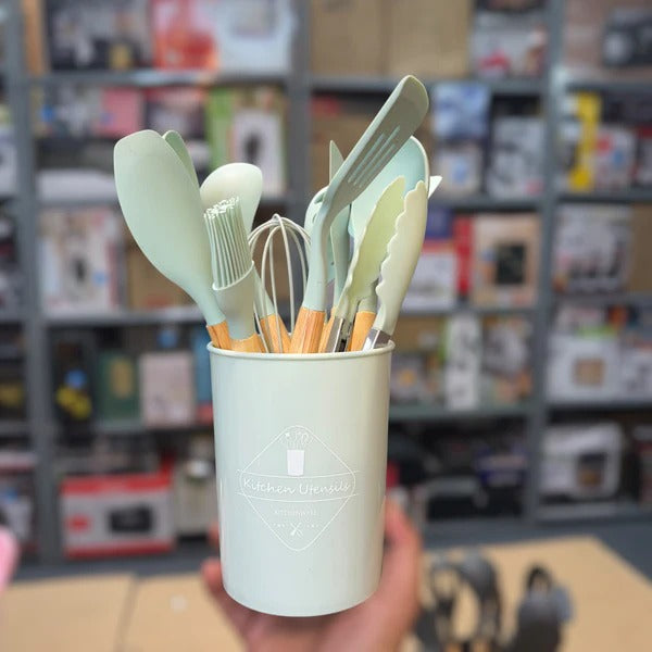 Premium Quality 11 Pieces Kitchen Utensil Set Cooking Utensils Tool Set with Plastic Utensil Holder, Non-stick Silicone and Heat Resistant Wooden Utensils – Imported