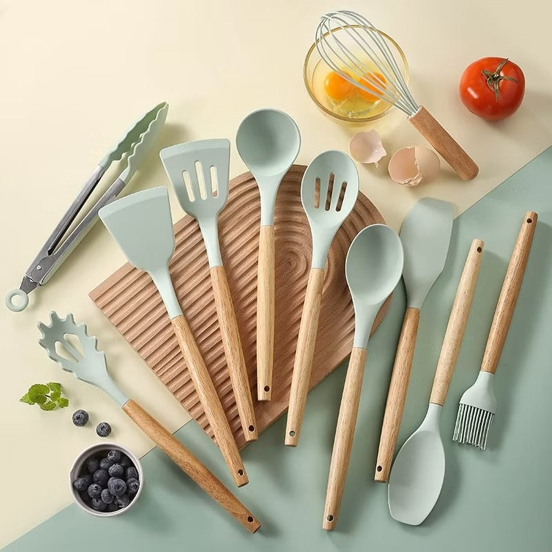 Premium Quality 11 Pieces Kitchen Utensil Set Cooking Utensils Tool Set with Plastic Utensil Holder, Non-stick Silicone and Heat Resistant Wooden Utensils – Imported