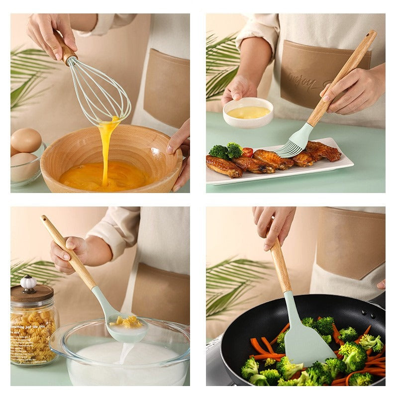 Premium Quality 11 Pieces Kitchen Utensil Set Cooking Utensils Tool Set with Plastic Utensil Holder, Non-stick Silicone and Heat Resistant Wooden Utensils – Imported