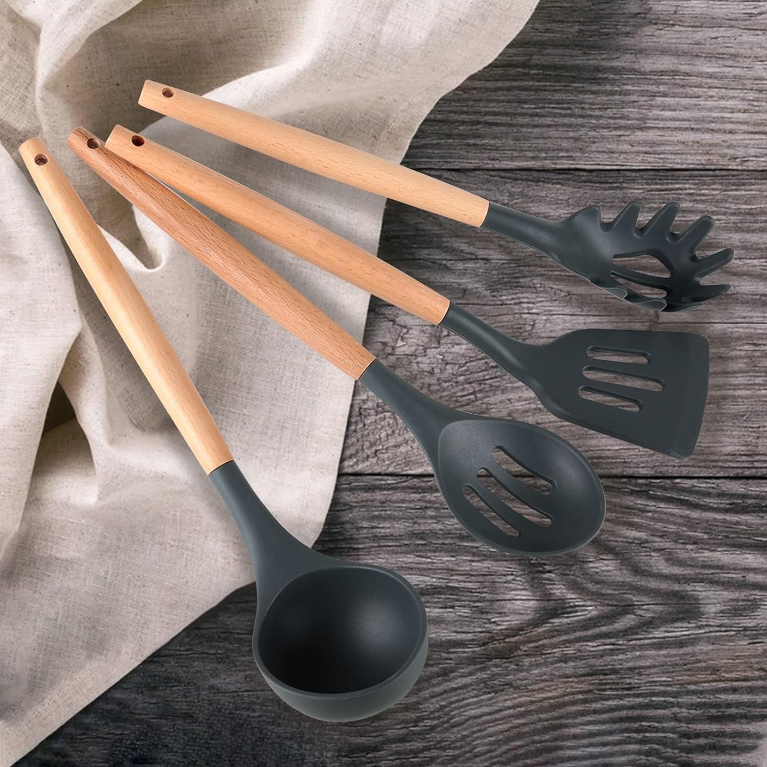 Premium Quality 11 Pieces Kitchen Utensil Set Cooking Utensils Tool Set with Plastic Utensil Holder, Non-stick Silicone and Heat Resistant Wooden Utensils – Imported