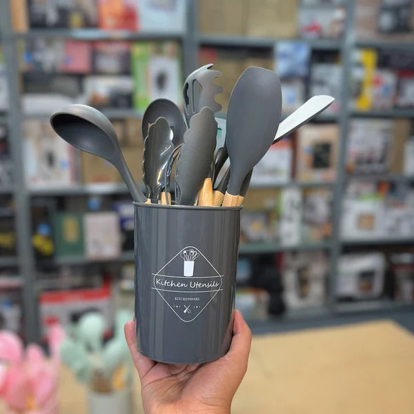 Premium Quality 11 Pieces Kitchen Utensil Set Cooking Utensils Tool Set with Plastic Utensil Holder, Non-stick Silicone and Heat Resistant Wooden Utensils – Imported