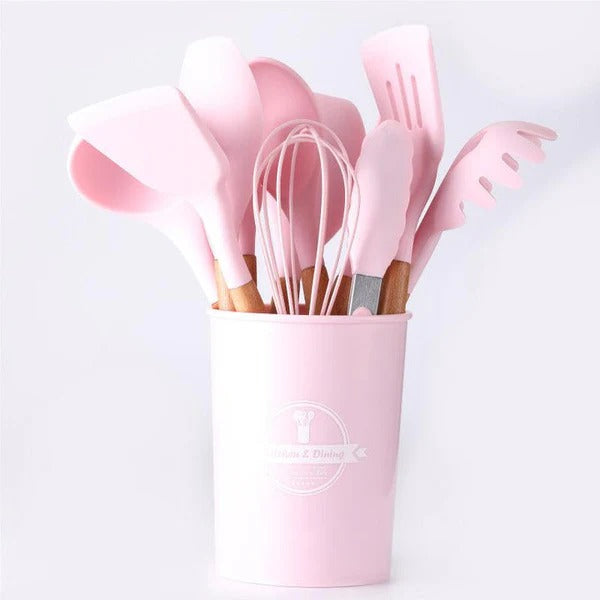 Premium Quality 11 Pieces Kitchen Utensil Set Cooking Utensils Tool Set with Plastic Utensil Holder, Non-stick Silicone and Heat Resistant Wooden Utensils – Imported
