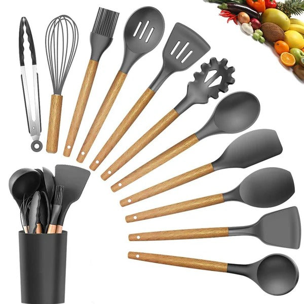 Premium Quality 11 Pieces Kitchen Utensil Set Cooking Utensils Tool Set with Plastic Utensil Holder, Non-stick Silicone and Heat Resistant Wooden Utensils – Imported