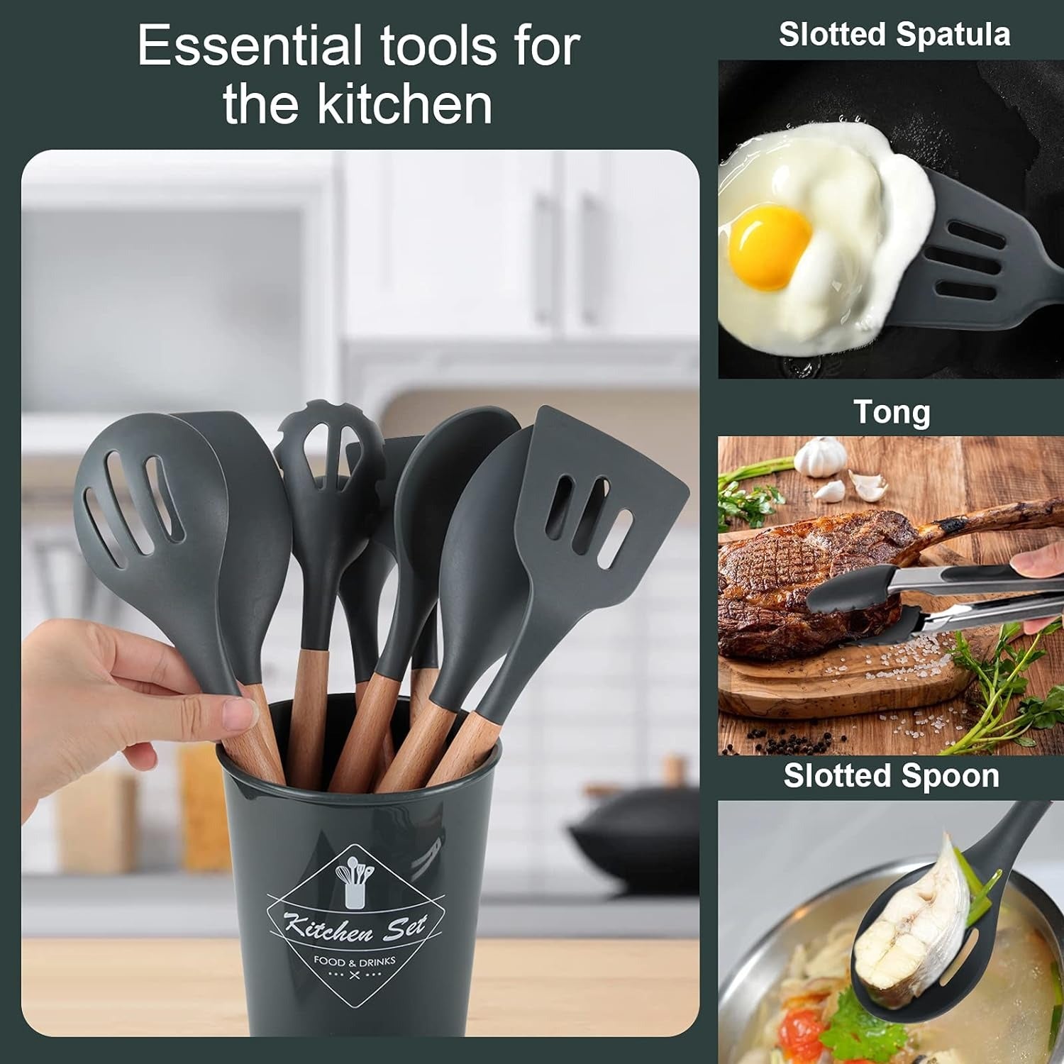 Premium Quality 11 Pieces Kitchen Utensil Set Cooking Utensils Tool Set with Plastic Utensil Holder, Non-stick Silicone and Heat Resistant Wooden Utensils – Imported