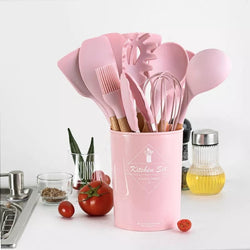 Premium Quality 11 Pieces Kitchen Utensil Set Cooking Utensils Tool Set with Plastic Utensil Holder, Non-stick Silicone and Heat Resistant Wooden Utensils – Imported