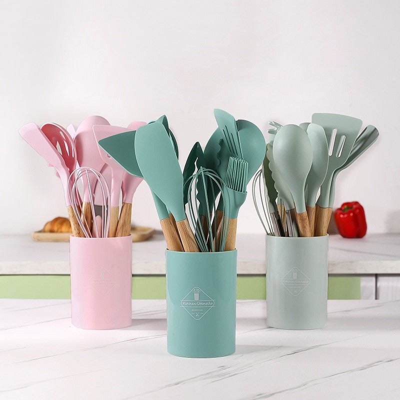 Premium Quality 11 Pieces Kitchen Utensil Set Cooking Utensils Tool Set with Plastic Utensil Holder, Non-stick Silicone and Heat Resistant Wooden Utensils – Imported