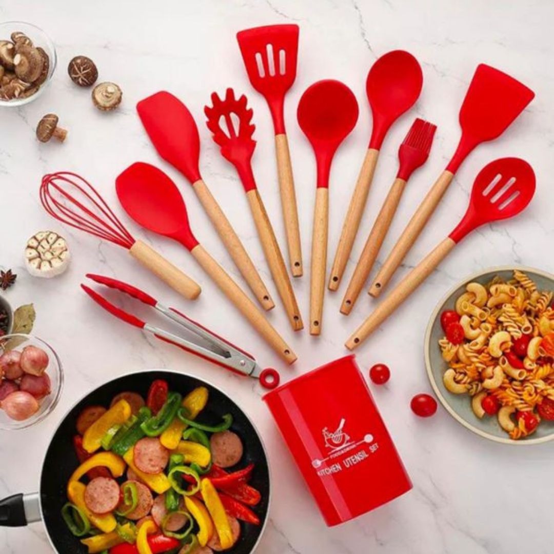 Premium Quality 11 Pieces Kitchen Utensil Set Cooking Utensils Tool Set with Plastic Utensil Holder, Non-stick Silicone and Heat Resistant Wooden Utensils – Imported