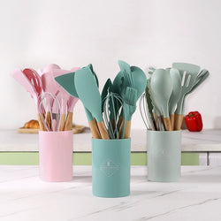 Premium Quality 11 Pieces Kitchen Utensil Set Cooking Utensils Tool Set with Plastic Utensil Holder, Non-stick Silicone and Heat Resistant Wooden Utensils – Imported