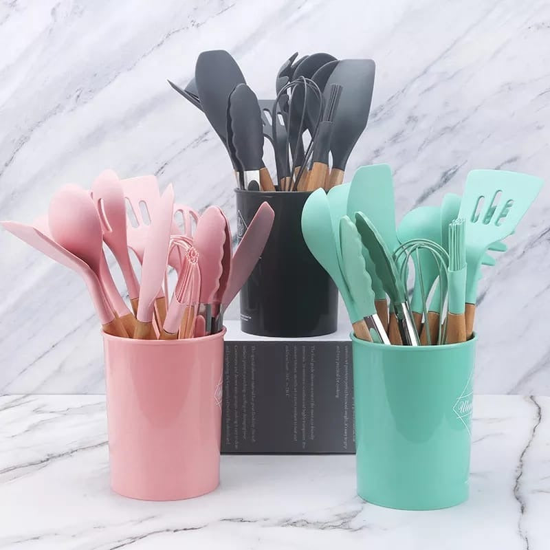 Premium Quality 11 Pieces Kitchen Utensil Set Cooking Utensils Tool Set with Plastic Utensil Holder, Non-stick Silicone and Heat Resistant Wooden Utensils – Imported