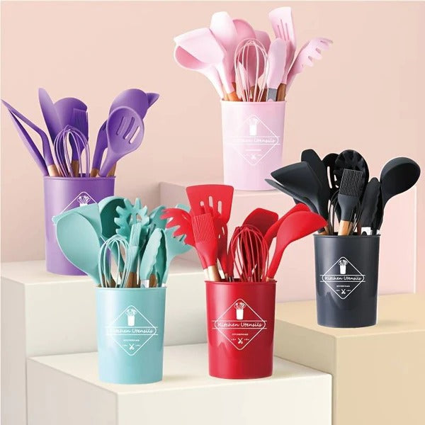 Premium Quality 11 Pieces Kitchen Utensil Set Cooking Utensils Tool Set with Plastic Utensil Holder, Non-stick Silicone and Heat Resistant Wooden Utensils – Imported