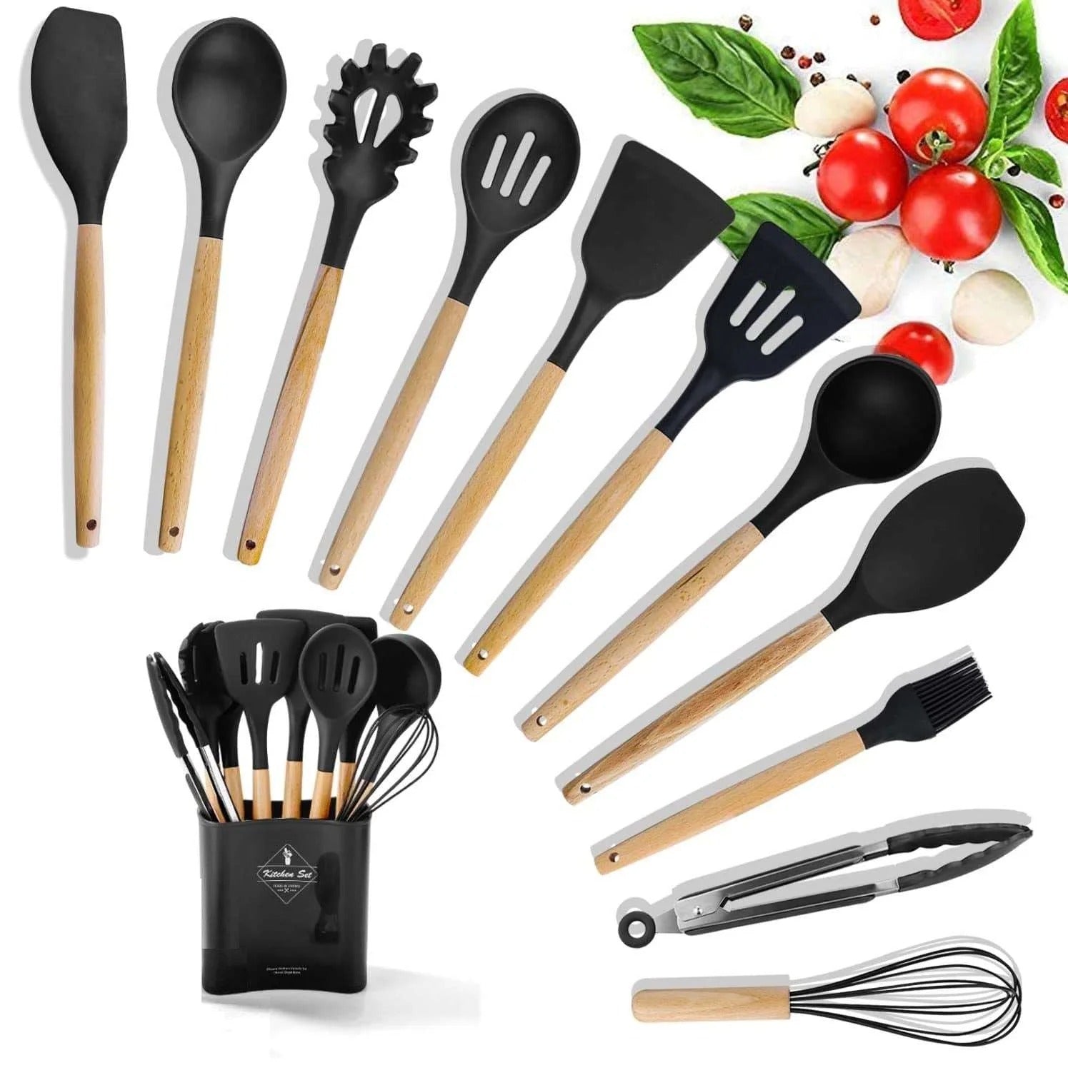 Premium Quality 11 Pieces Kitchen Utensil Set Cooking Utensils Tool Set with Plastic Utensil Holder, Non-stick Silicone and Heat Resistant Wooden Utensils – Imported