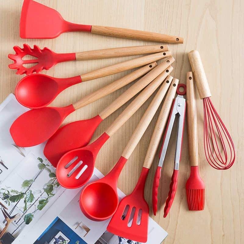 Premium Quality 11 Pieces Kitchen Utensil Set Cooking Utensils Tool Set with Plastic Utensil Holder, Non-stick Silicone and Heat Resistant Wooden Utensils – Imported