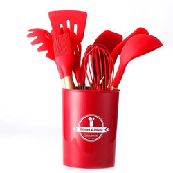Premium Quality 11 Pieces Kitchen Utensil Set Cooking Utensils Tool Set with Plastic Utensil Holder, Non-stick Silicone and Heat Resistant Wooden Utensils – Imported