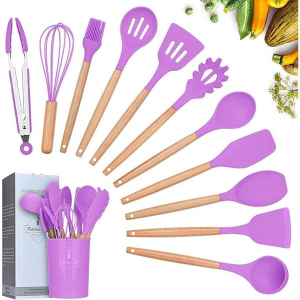 Premium Quality 11 Pieces Kitchen Utensil Set Cooking Utensils Tool Set with Plastic Utensil Holder, Non-stick Silicone and Heat Resistant Wooden Utensils – Imported