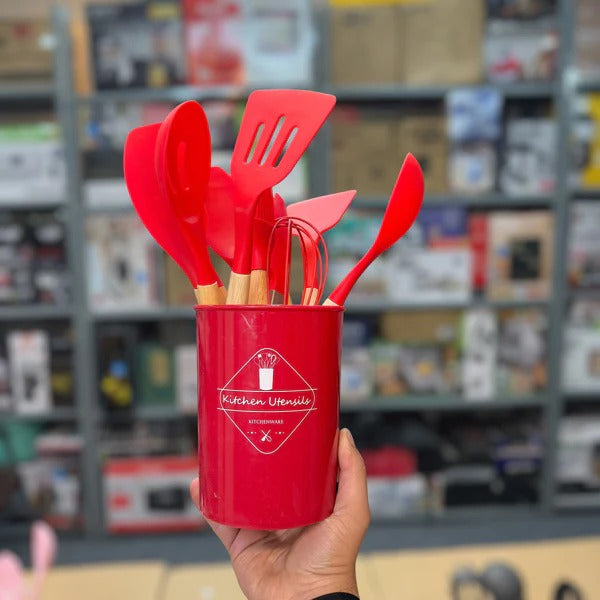 Premium Quality 11 Pieces Kitchen Utensil Set Cooking Utensils Tool Set with Plastic Utensil Holder, Non-stick Silicone and Heat Resistant Wooden Utensils – Imported