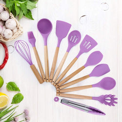 Premium Quality 11 Pieces Kitchen Utensil Set Cooking Utensils Tool Set with Plastic Utensil Holder, Non-stick Silicone and Heat Resistant Wooden Utensils – Imported