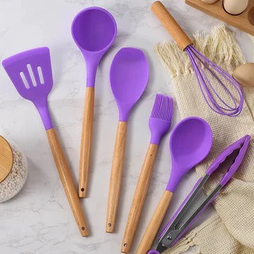Premium Quality 11 Pieces Kitchen Utensil Set Cooking Utensils Tool Set with Plastic Utensil Holder, Non-stick Silicone and Heat Resistant Wooden Utensils – Imported