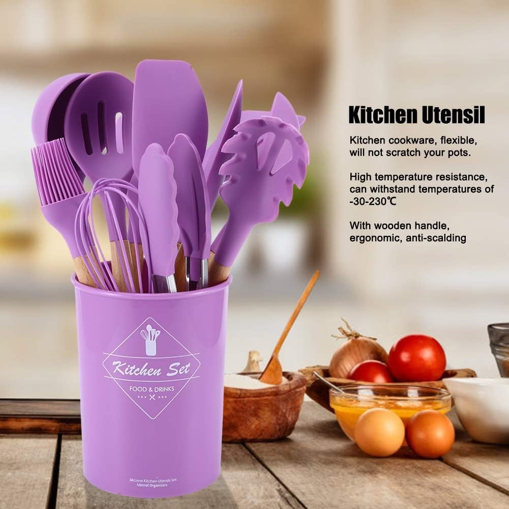 Premium Quality 11 Pieces Kitchen Utensil Set Cooking Utensils Tool Set with Plastic Utensil Holder, Non-stick Silicone and Heat Resistant Wooden Utensils – Imported