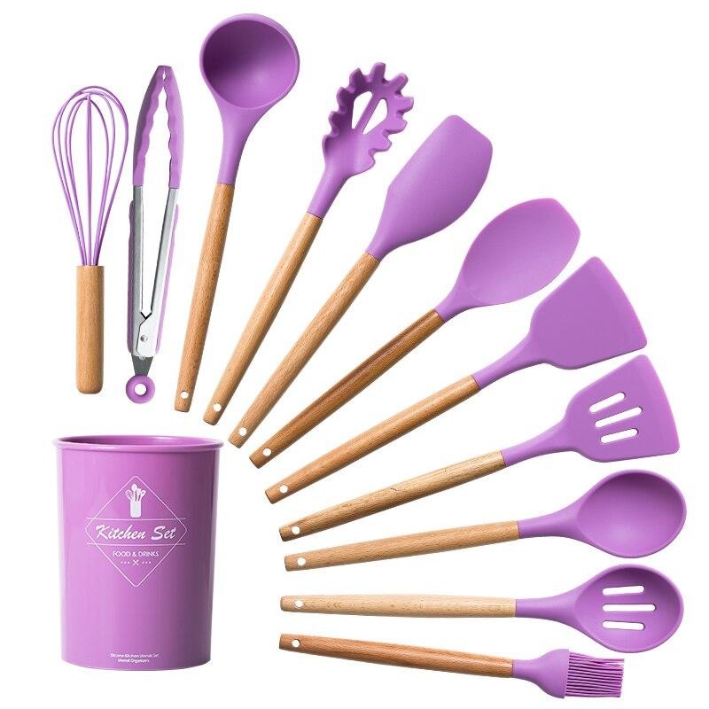 Premium Quality 11 Pieces Kitchen Utensil Set Cooking Utensils Tool Set with Plastic Utensil Holder, Non-stick Silicone and Heat Resistant Wooden Utensils – Imported