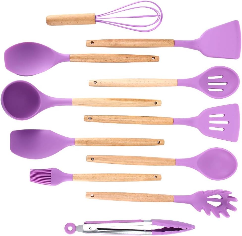 Premium Quality 11 Pieces Kitchen Utensil Set Cooking Utensils Tool Set with Plastic Utensil Holder, Non-stick Silicone and Heat Resistant Wooden Utensils – Imported