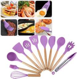 Premium Quality 12 Pieces Kitchen Utensil Set Cooking Utensils Tool Set with Plastic Utensil Holder, Non-stick Silicone and Heat Resistant Wooden Utensils – Imported