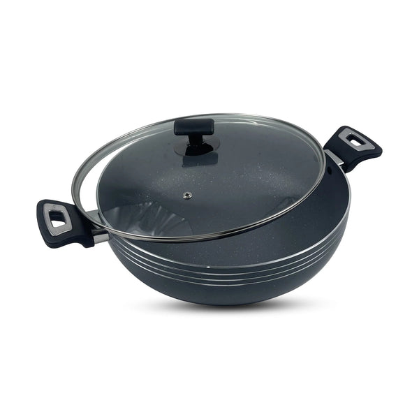 Prestige Pro Cook Non Stick Marble Coated Wok (Karahi) with Glass Lid - Grey